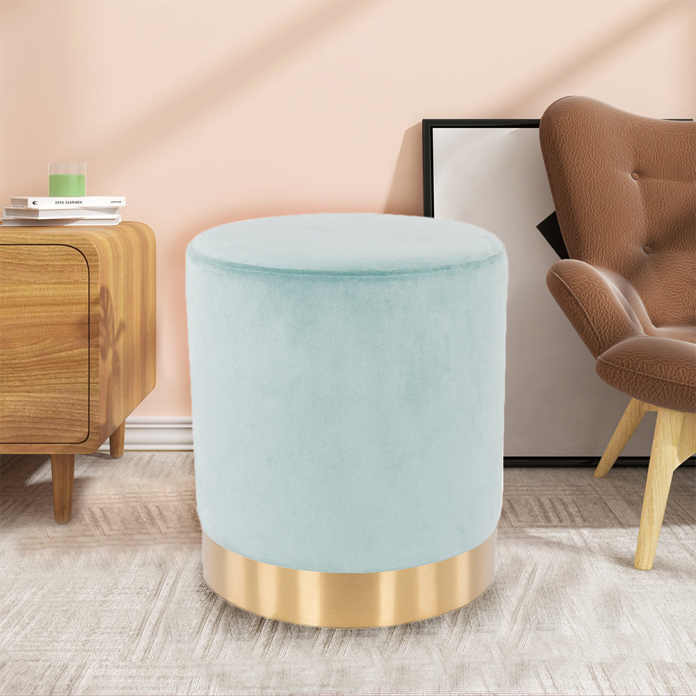 Pouf Poggiapiedi in Velluto Acquamarina Struttura Legno 31x31x38cm Base dorata Metallo