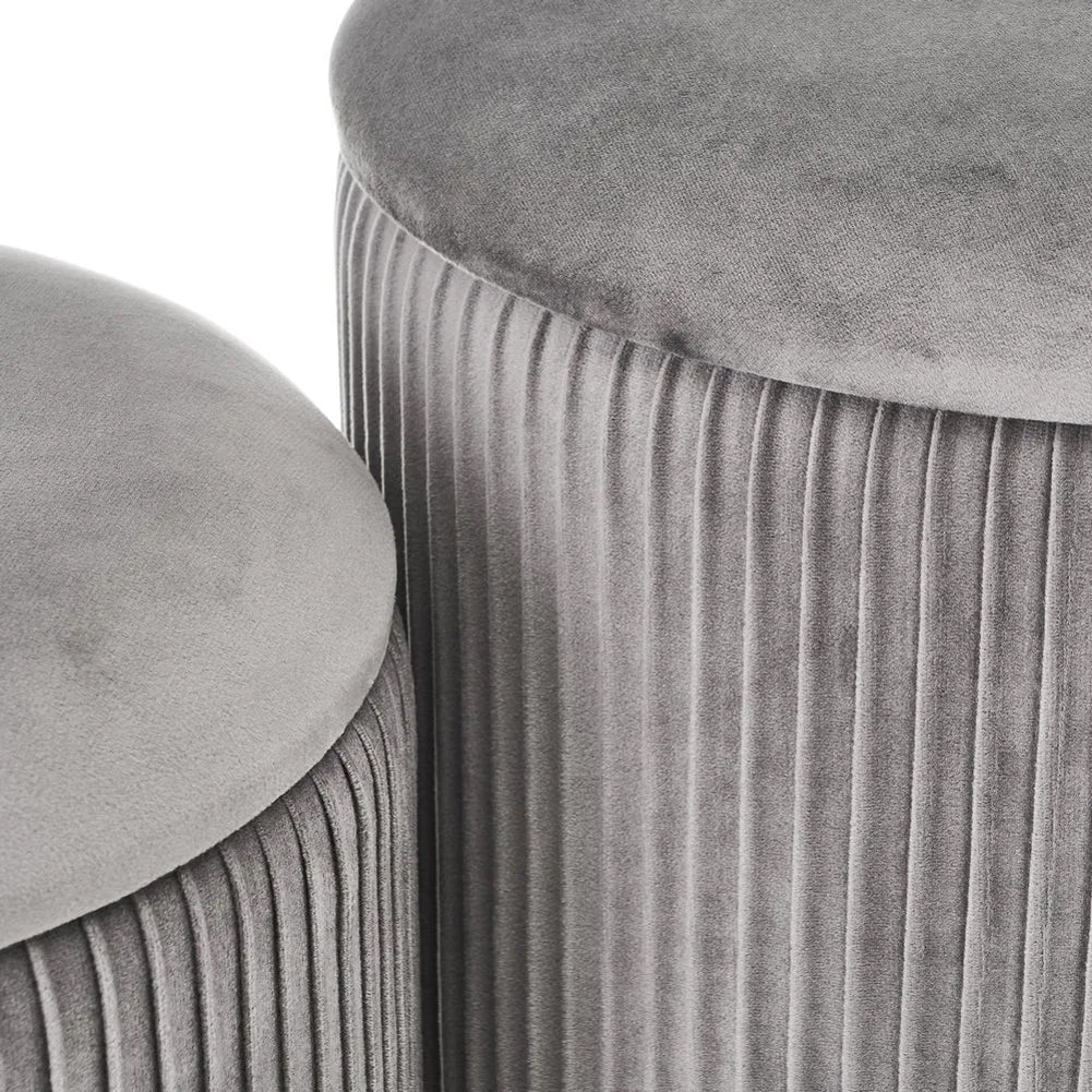 Set 2 Pouf Contenitore Grigio Velluto Sgabello Poggiapiedi Rotondo Portata 120kg