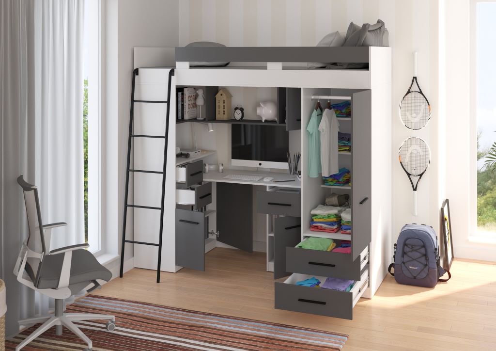 BIM Furniture letto soppalco con scrivania SMYK L cm110x204x188h Bianco Grafite