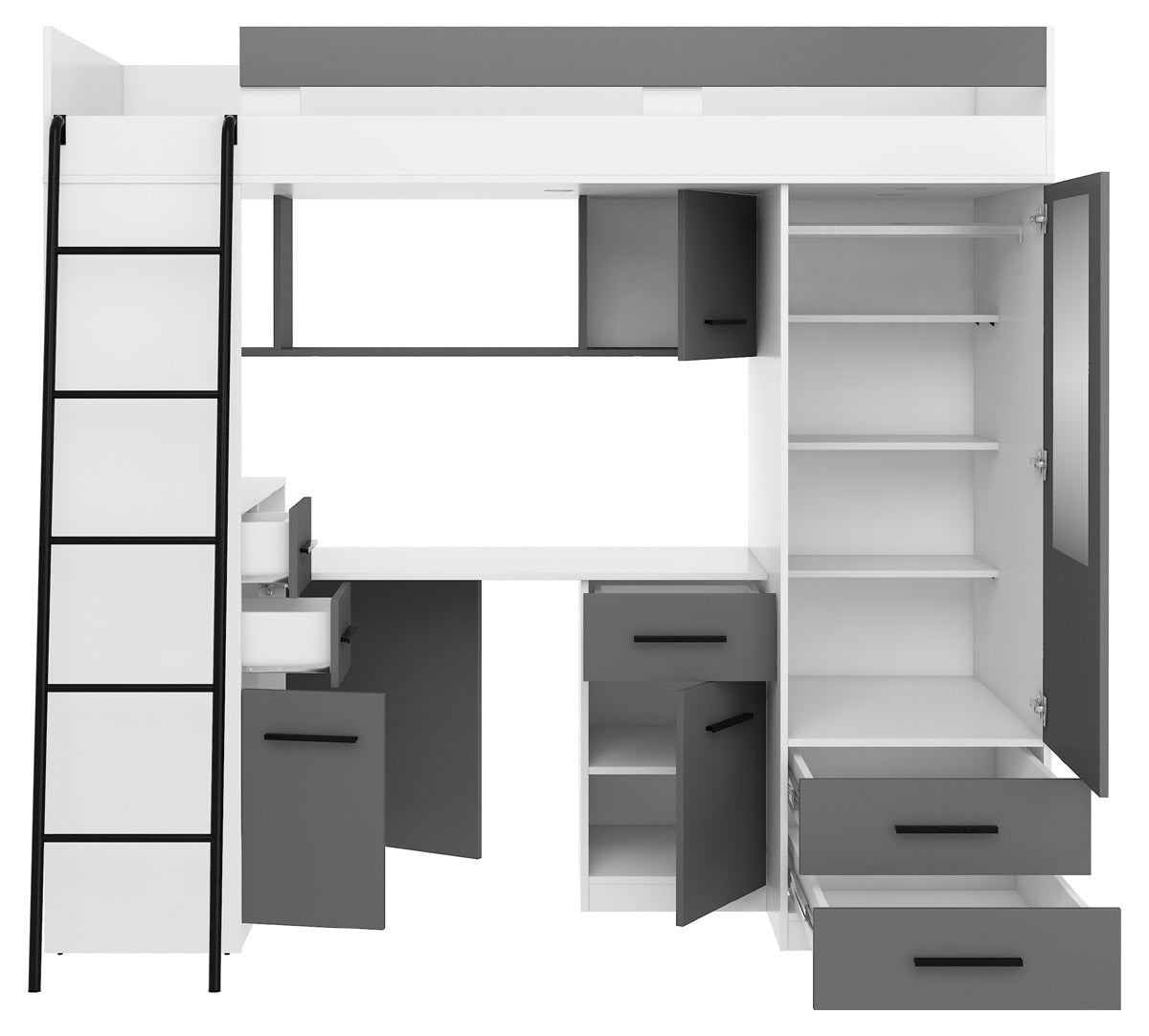 BIM Furniture letto soppalco con scrivania SMYK L cm110x204x188h Bianco Grafite