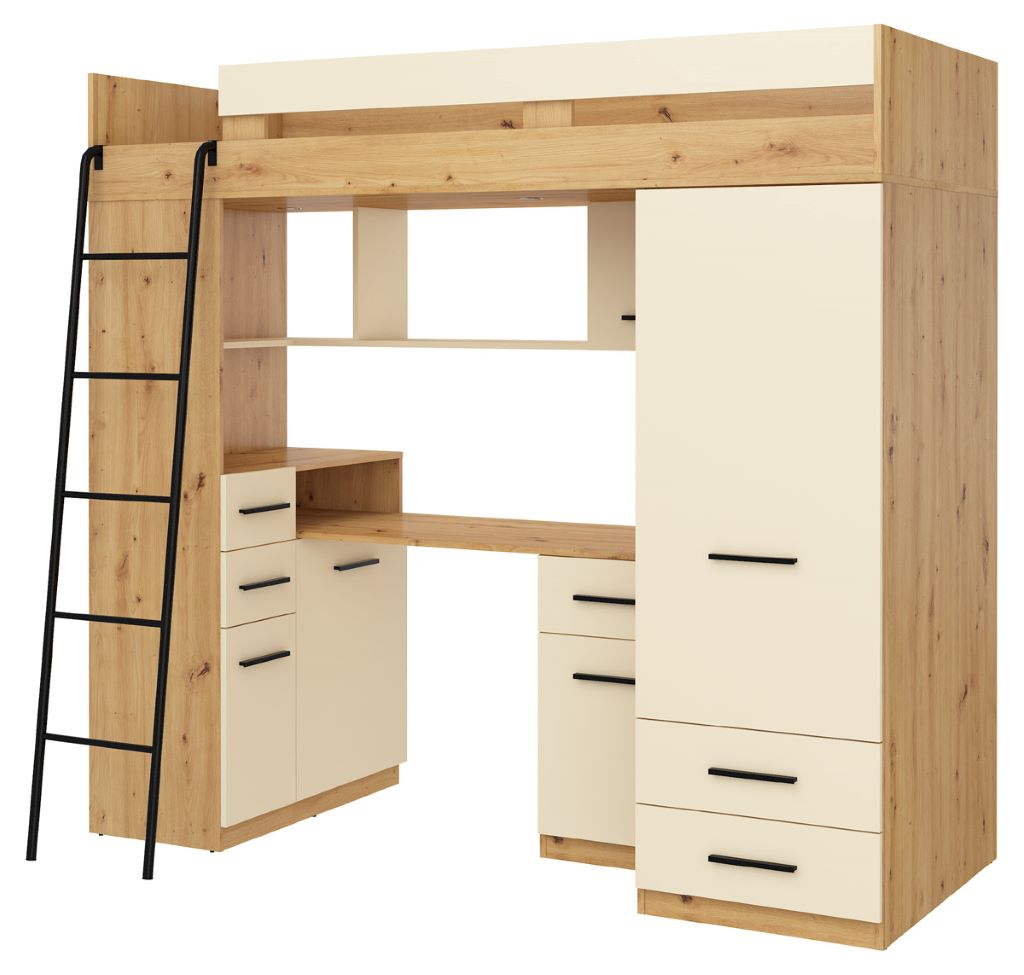 BIM Furniture letto soppalco con scrivania SMYK L cm110x204x188h Rovere scuro Crema