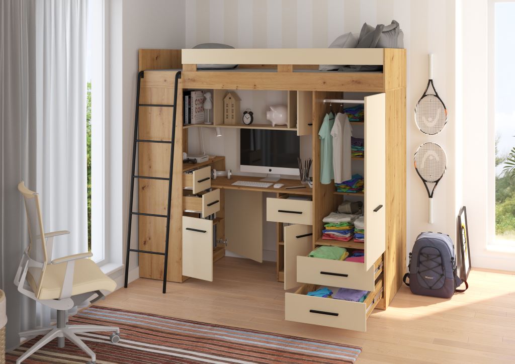 BIM Furniture letto soppalco con scrivania SMYK L cm110x204x188h Rovere scuro Crema