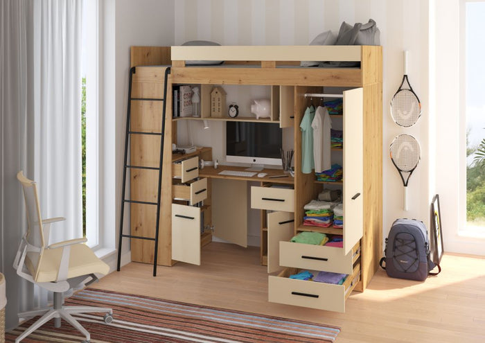 BIM Furniture letto soppalco con scrivania SMYK L cm110x204x188h Rovere scuro Crema