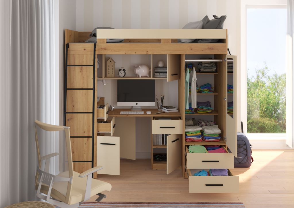 BIM Furniture letto soppalco con scrivania SMYK L cm110x204x188h Rovere scuro Crema