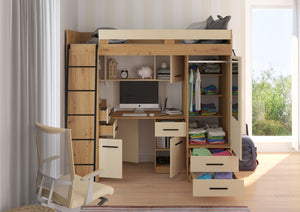 BIM Furniture letto soppalco con scrivania SMYK L cm110x204x188h Rovere scuro Crema