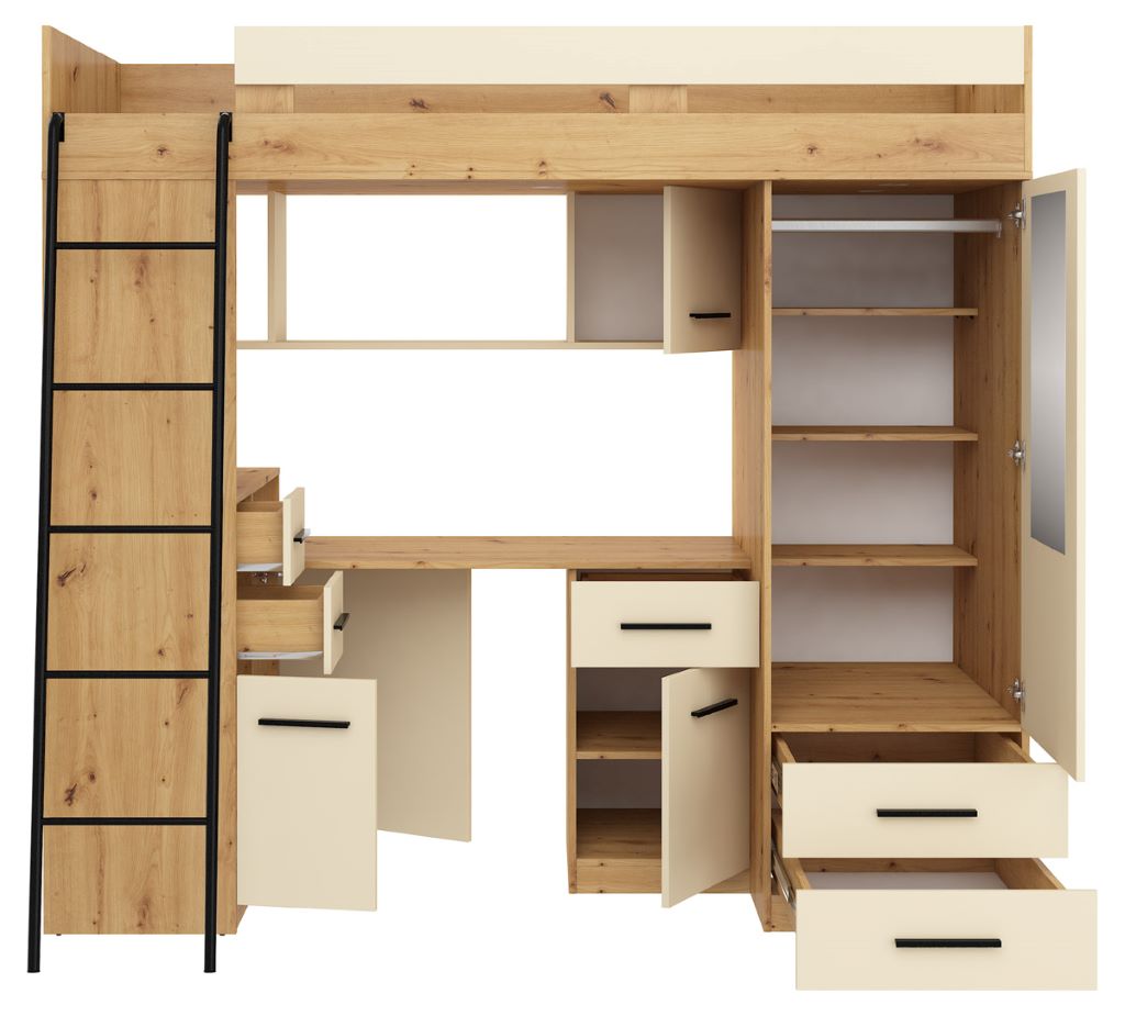 BIM Furniture letto soppalco con scrivania SMYK L cm110x204x188h Rovere scuro Crema