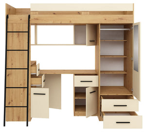 BIM Furniture letto soppalco con scrivania SMYK L cm110x204x188h Rovere scuro Crema