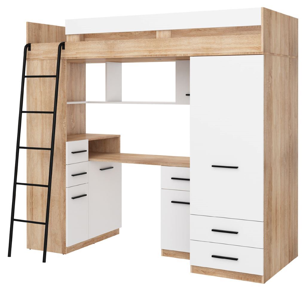 BIM Furniture letto soppalco con scrivania SMYK L cm110x204x188h Rovere Bianco