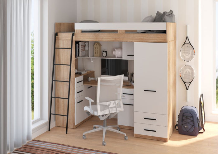 BIM Furniture letto soppalco con scrivania SMYK L cm110x204x188h Rovere Bianco