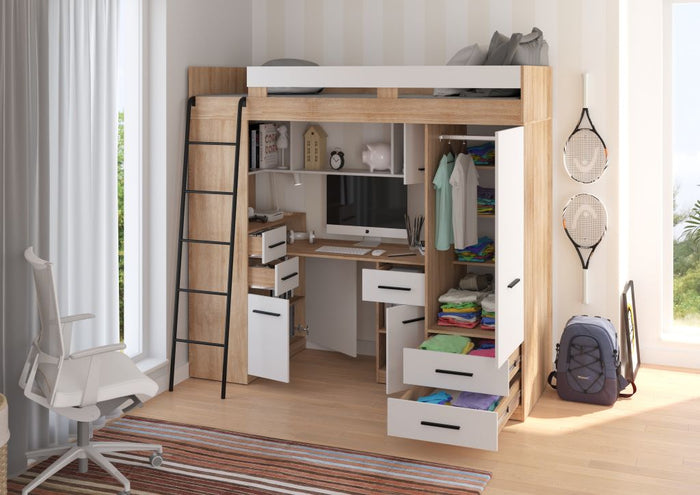 BIM Furniture letto soppalco con scrivania SMYK L cm110x204x188h Rovere Bianco