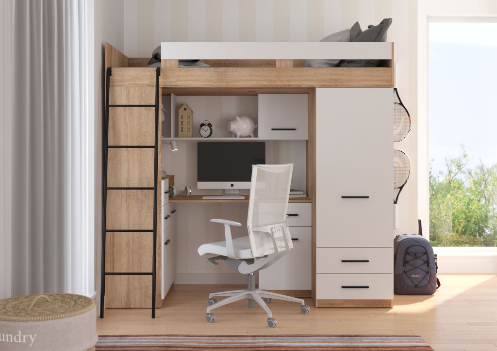 BIM Furniture letto soppalco con scrivania SMYK L cm110x204x188h Rovere Bianco