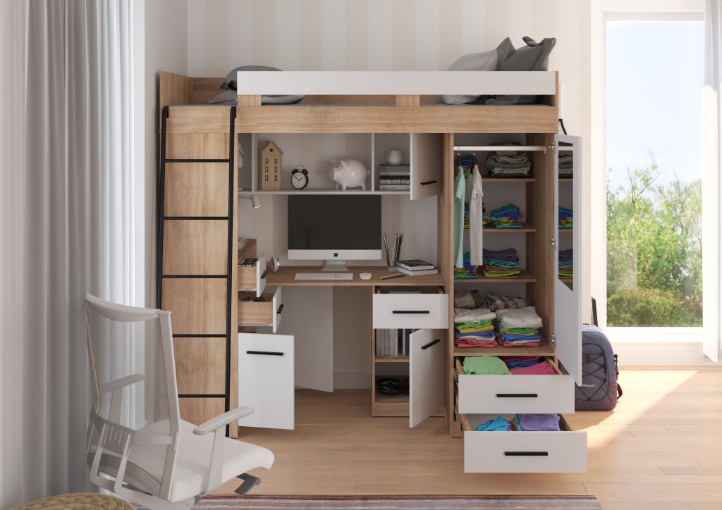 BIM Furniture letto soppalco con scrivania SMYK L cm110x204x188h Rovere Bianco