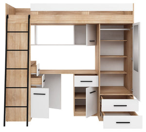 BIM Furniture letto soppalco con scrivania SMYK L cm110x204x188h Rovere Bianco