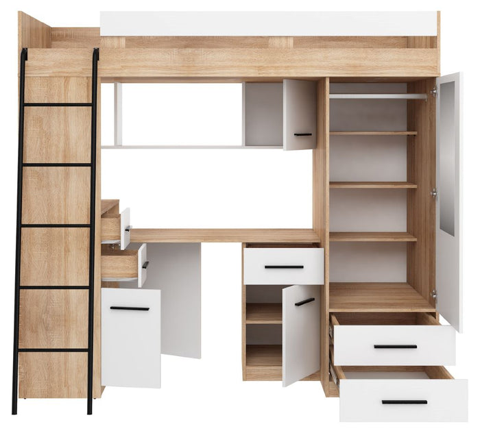 BIM Furniture letto soppalco con scrivania SMYK L cm110x204x188h Rovere Bianco