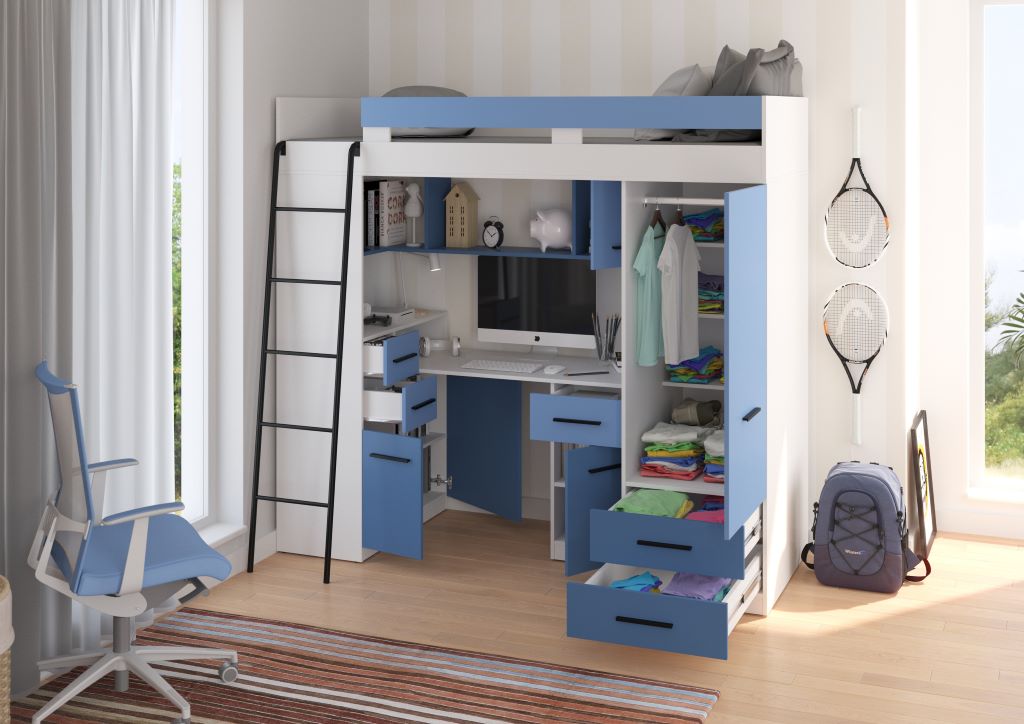 BIM Furniture letto soppalco con scrivania SMYK L cm110x204x188h Bianco Blu