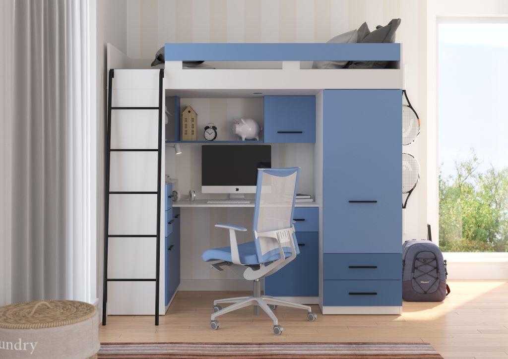 BIM Furniture letto soppalco con scrivania SMYK L cm110x204x188h Bianco Blu