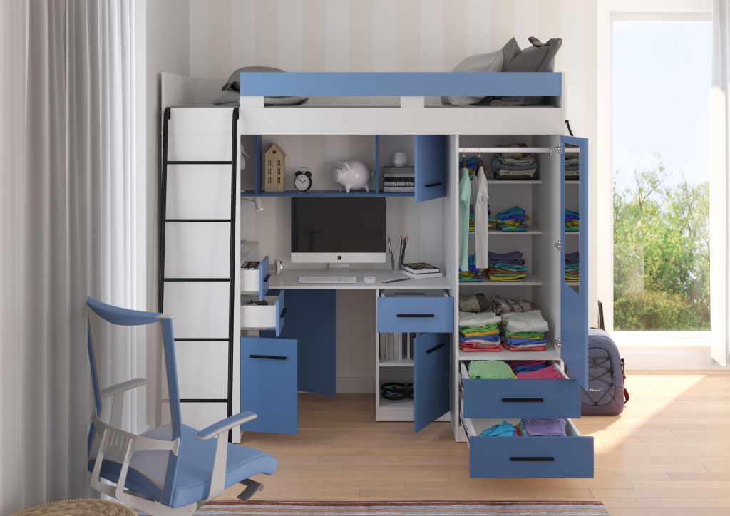 BIM Furniture letto soppalco con scrivania SMYK L cm110x204x188h Bianco Blu