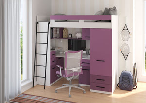 BIM Furniture letto soppalco con scrivania SMYK L cm110x204x188h Bianco Lavanda