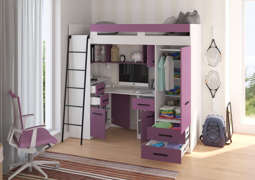 BIM Furniture letto soppalco con scrivania SMYK L cm110x204x188h Bianco Lavanda