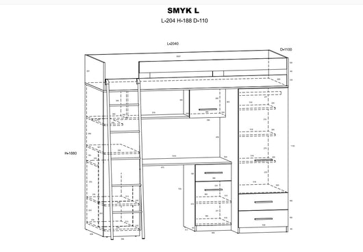 BIM Furniture letto soppalco con scrivania SMYK L cm110x204x188h Bianco Lavanda