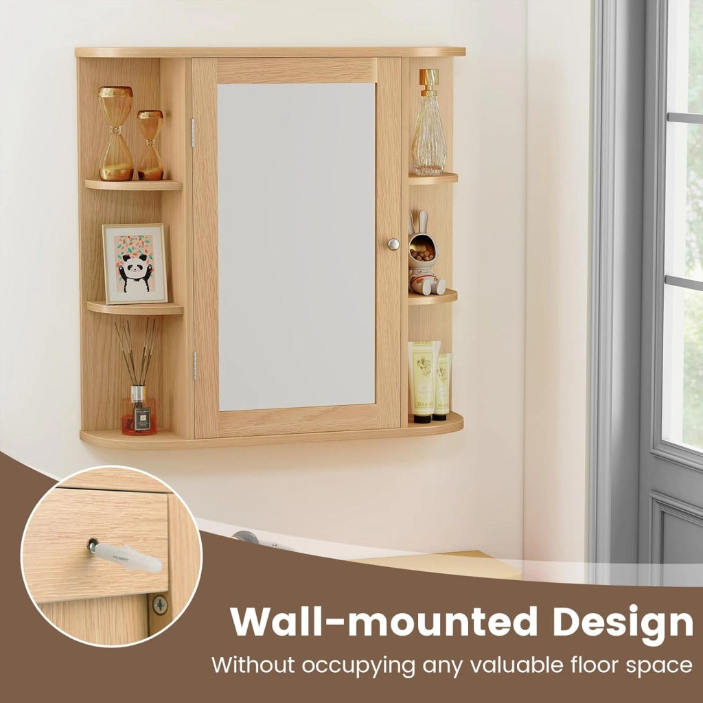 Armadietto Bagno a Parete, Mobiletto Pensile in Legno con Ante di Specchio, 6 Scomparti Laterali e 4 Ripiani di Stoccaggio, 3 Colori Disponibili, 65x17x64cm (Naturale)
