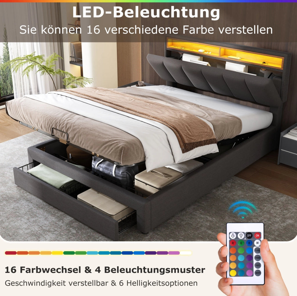 Letto imbottito 140x200 cm grigio con LED e vano contenitore