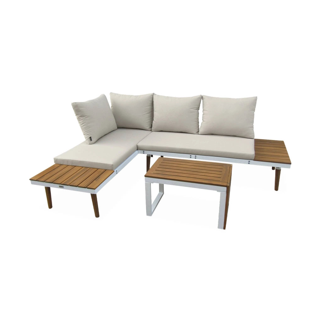 Salotto da giardino in alluminio e acacia,  4 posti, bianco