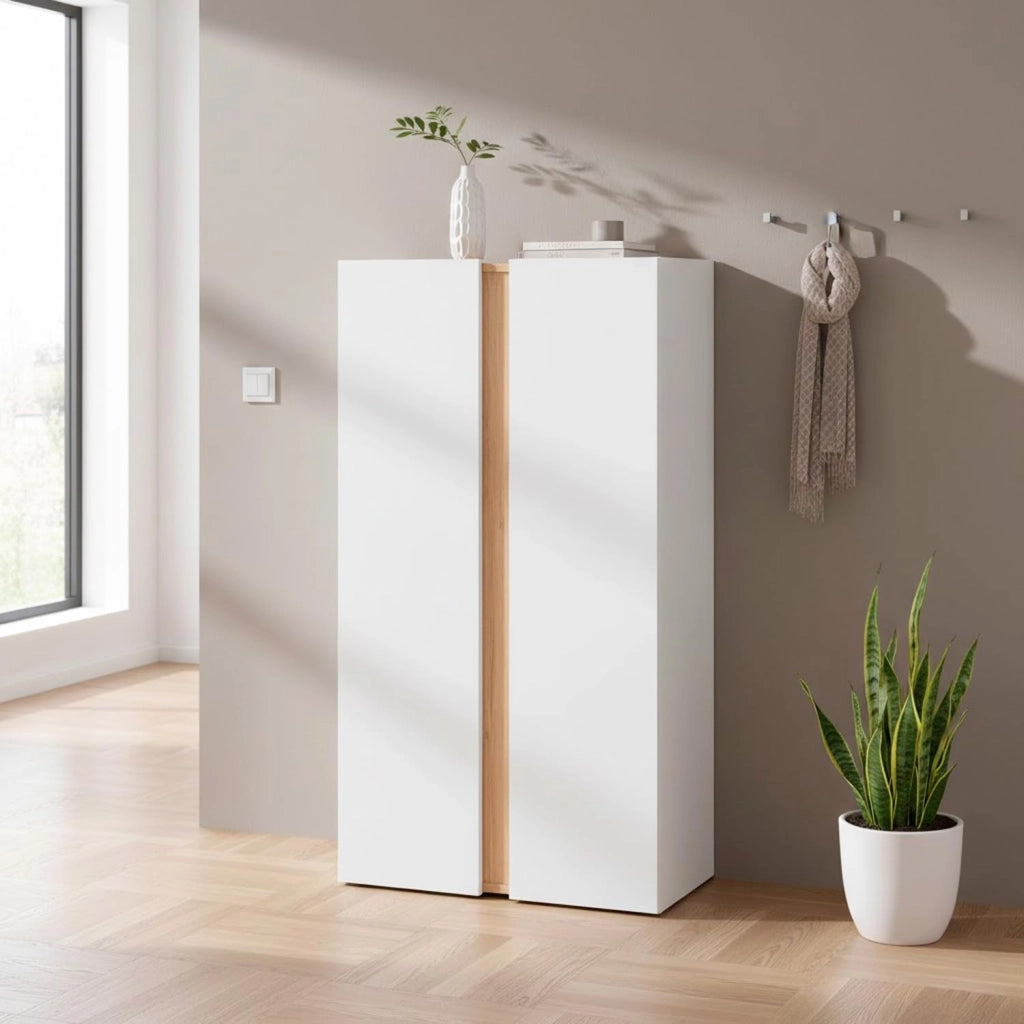 Mobile Portascarpe Con 2 Ante E 6 Ripiani Regolabili Design Minimal Capacità Fino A 18 Paia Per Ingresso Zona Giorno Corridoio 102 x 56.5 x 35 cm Bianco E Rovere
