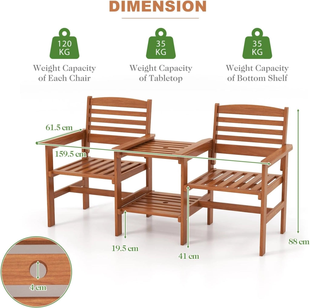 Set di salotto da giardino in un pezzo, in legno massello, 1 tavolo con foro per ombrelloni e 2 poltrone, mobili da esterno per cortile, patio, terrazza, carico 120 kg, naturale