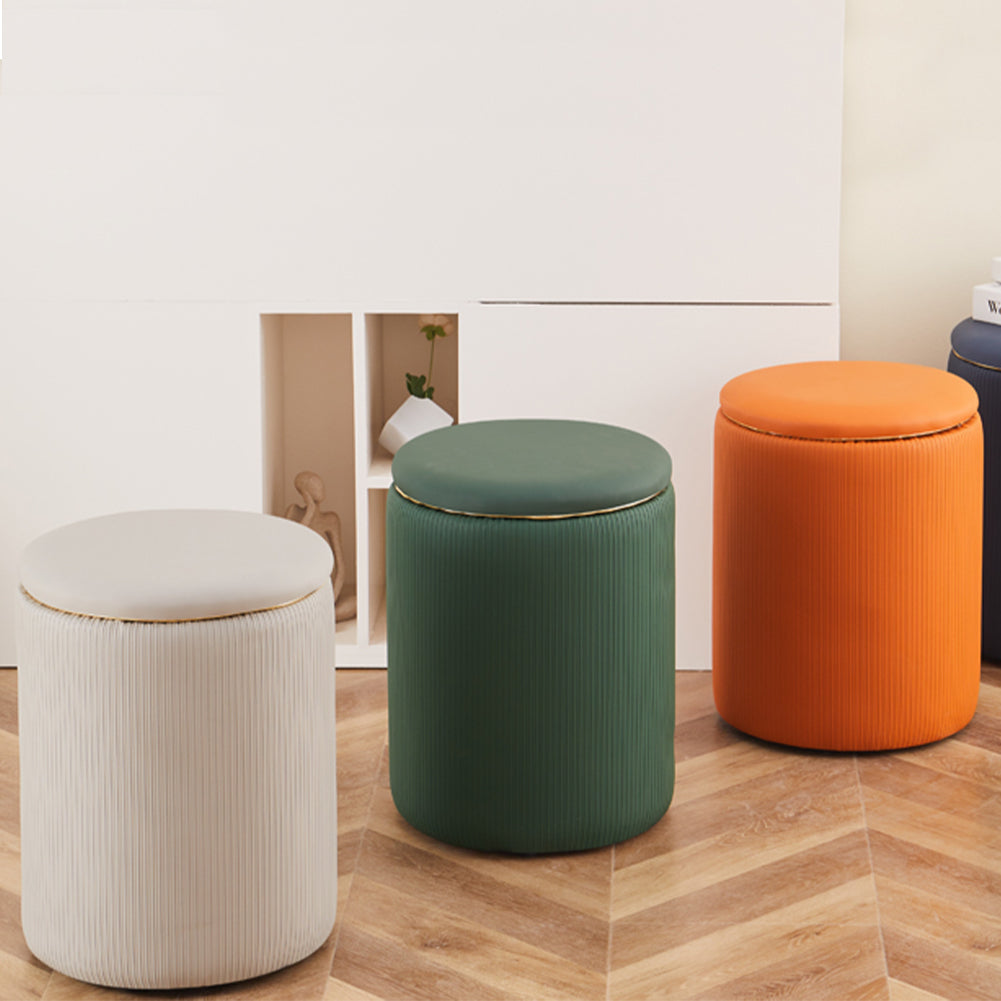 Pouf Contenitore Ecopelle Beige Decoro Oro Poggiapiedi Seduta Imbottita 35x45cm