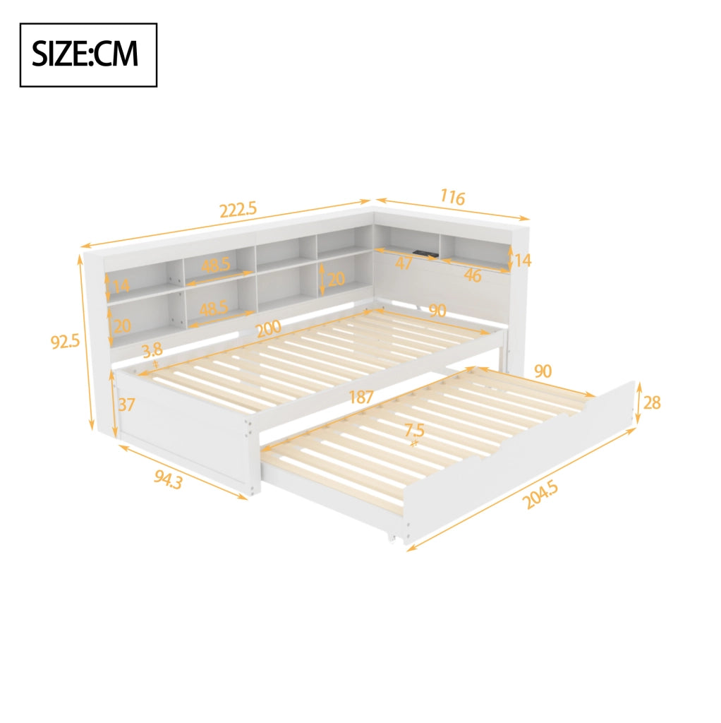 Letto multifunzione in legno 90x200 cm con letto estraibile, USB e vani contenitivi