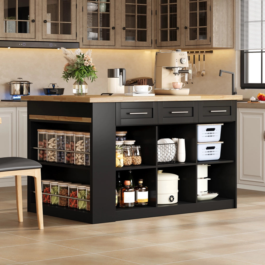 Isola da cucina moderna con tavolo estraibile, 150x90x90 cm, finitura naturale e nera, in MDF