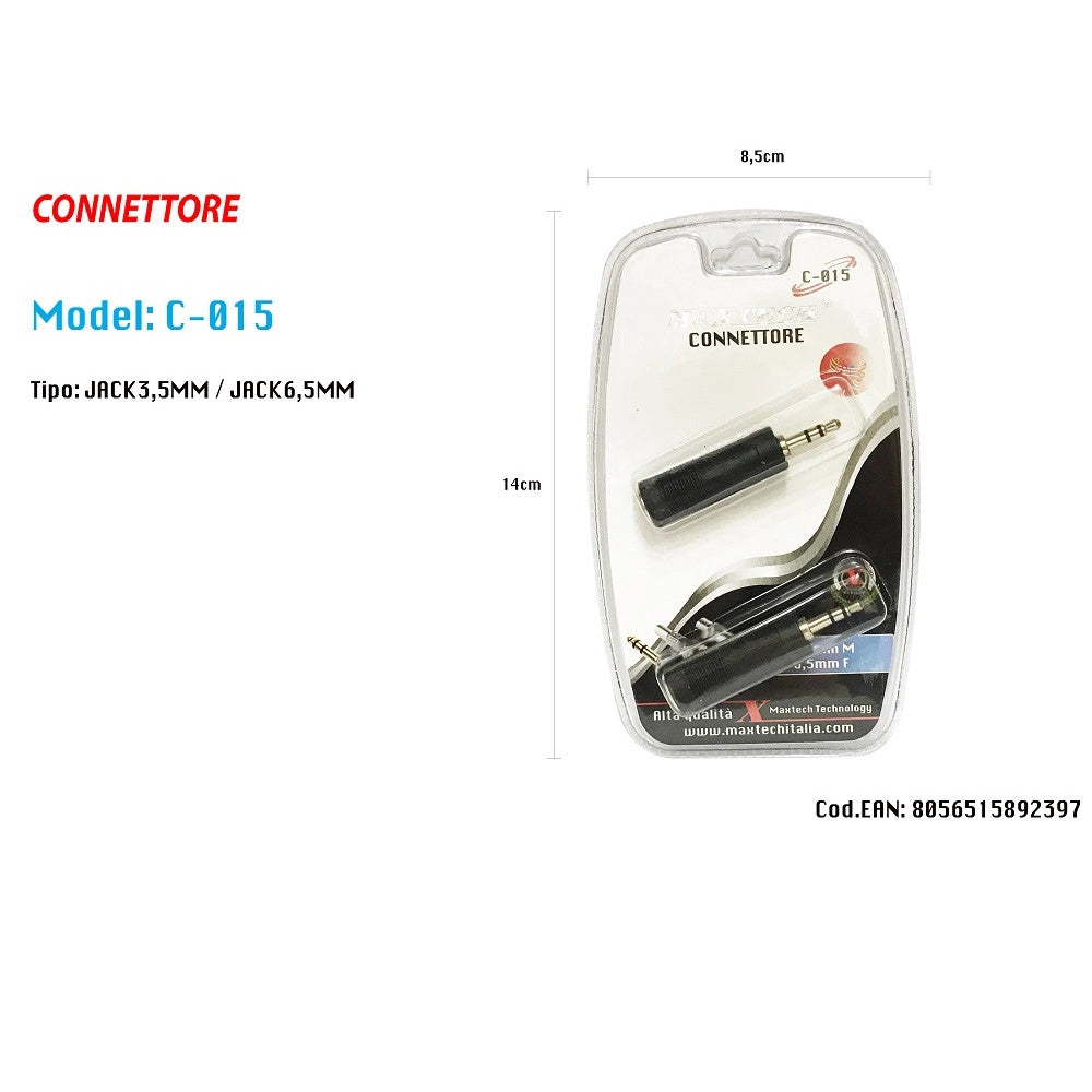 Trade Shop - Connettore Adattatore Stereo Jack 3.5mm Maschio - Jack 6.5mm Femmina Maxtech C-015 -