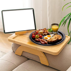 Tavolino per Divano Vassoio in Legno Bambù Per Bracciolo Divano Girevole a 360°