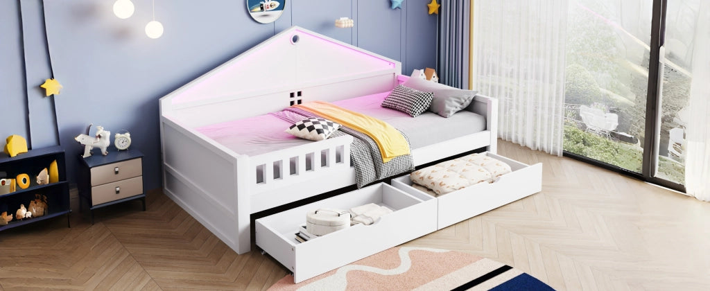 DESMIU Letto singolo 1 posto con 2 cassetti, LED regolabile e contenitore 90 × 200 cm, senza materasso, bianco