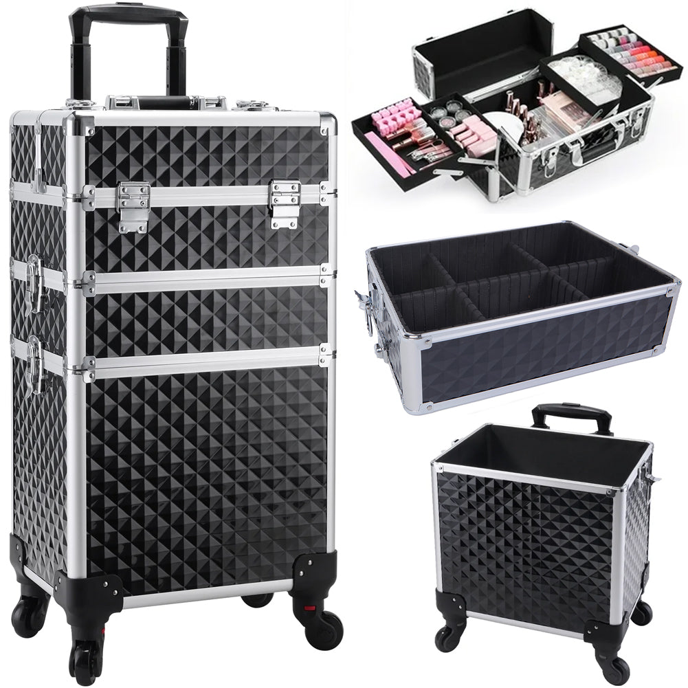 Trolley Makeup 3in1 Valigetta Nera Trucco Estetista Beauty Case Ruote Staccabili