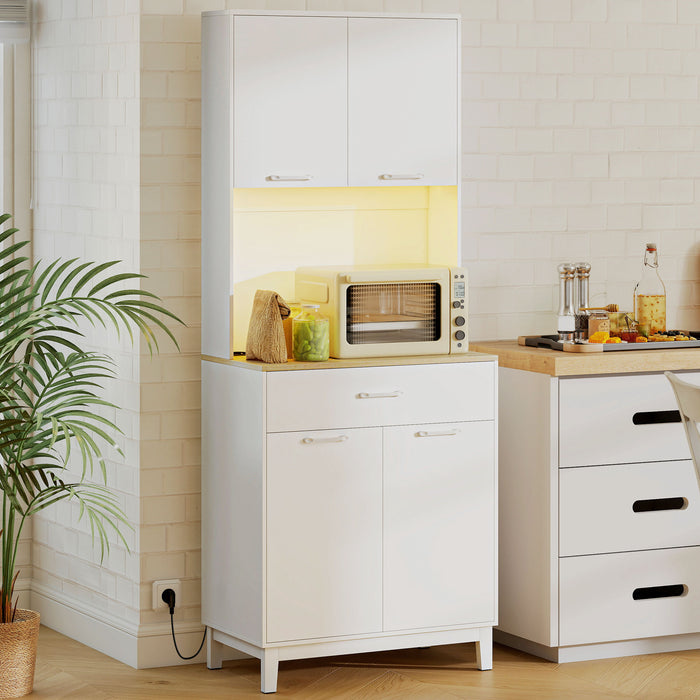 Credenza Moderna 71x40x180 cm con Luci LED Prese Elettriche e USB 2 Armadietti e Cassetto Bianco