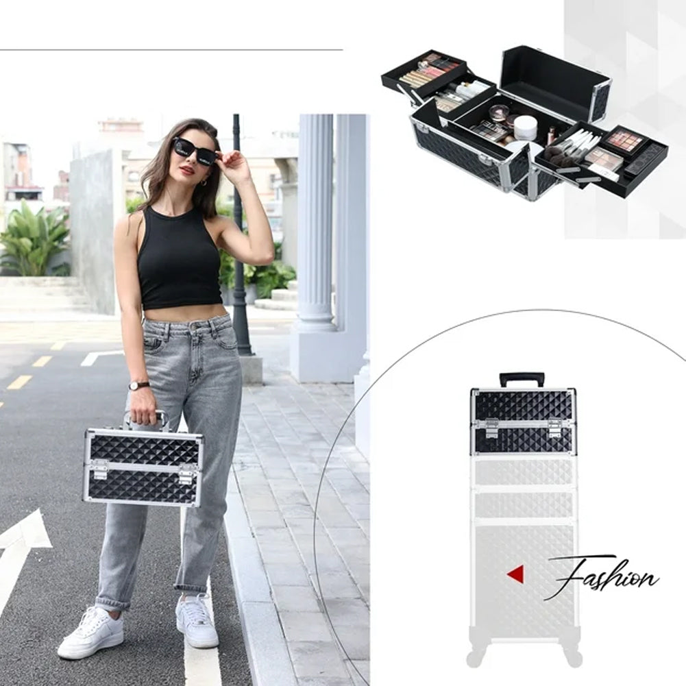 Trolley Makeup 4in1 Valigetta Nero Trucco Estetista Beauty Case Ruote Staccabili