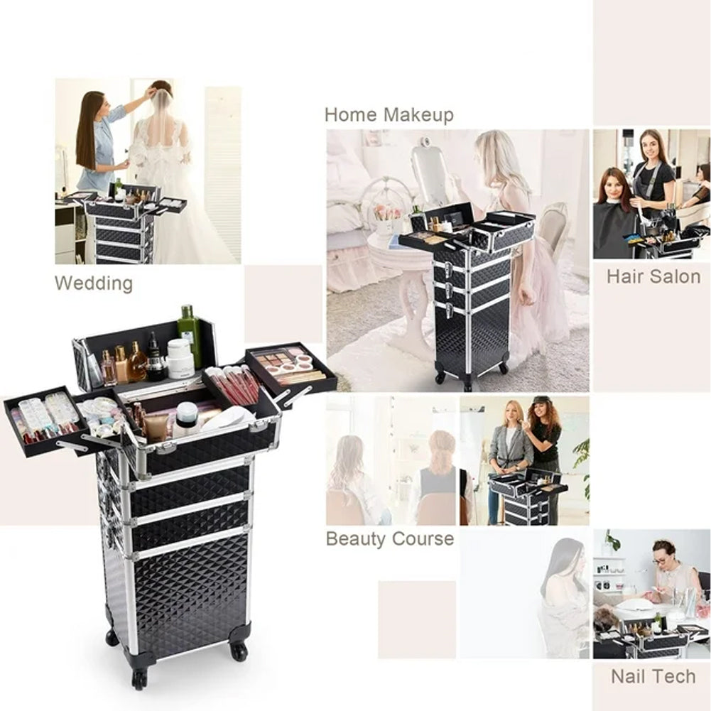 Trolley Makeup 4in1 Valigetta Nero Trucco Estetista Beauty Case Ruote Staccabili