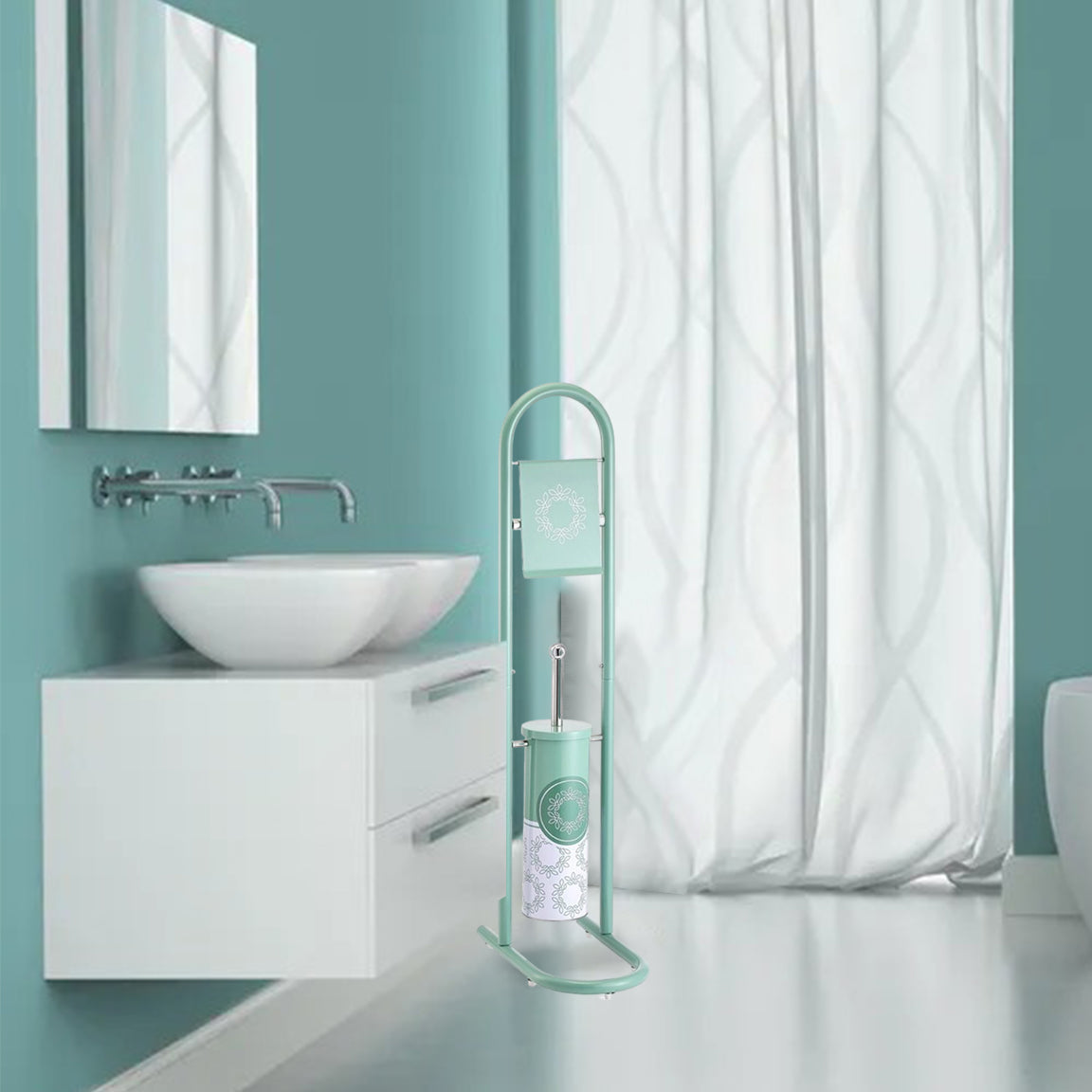 Piantana Portarotolo Porta Scopino Colonna da Bagno Metallo Verniciato Verde