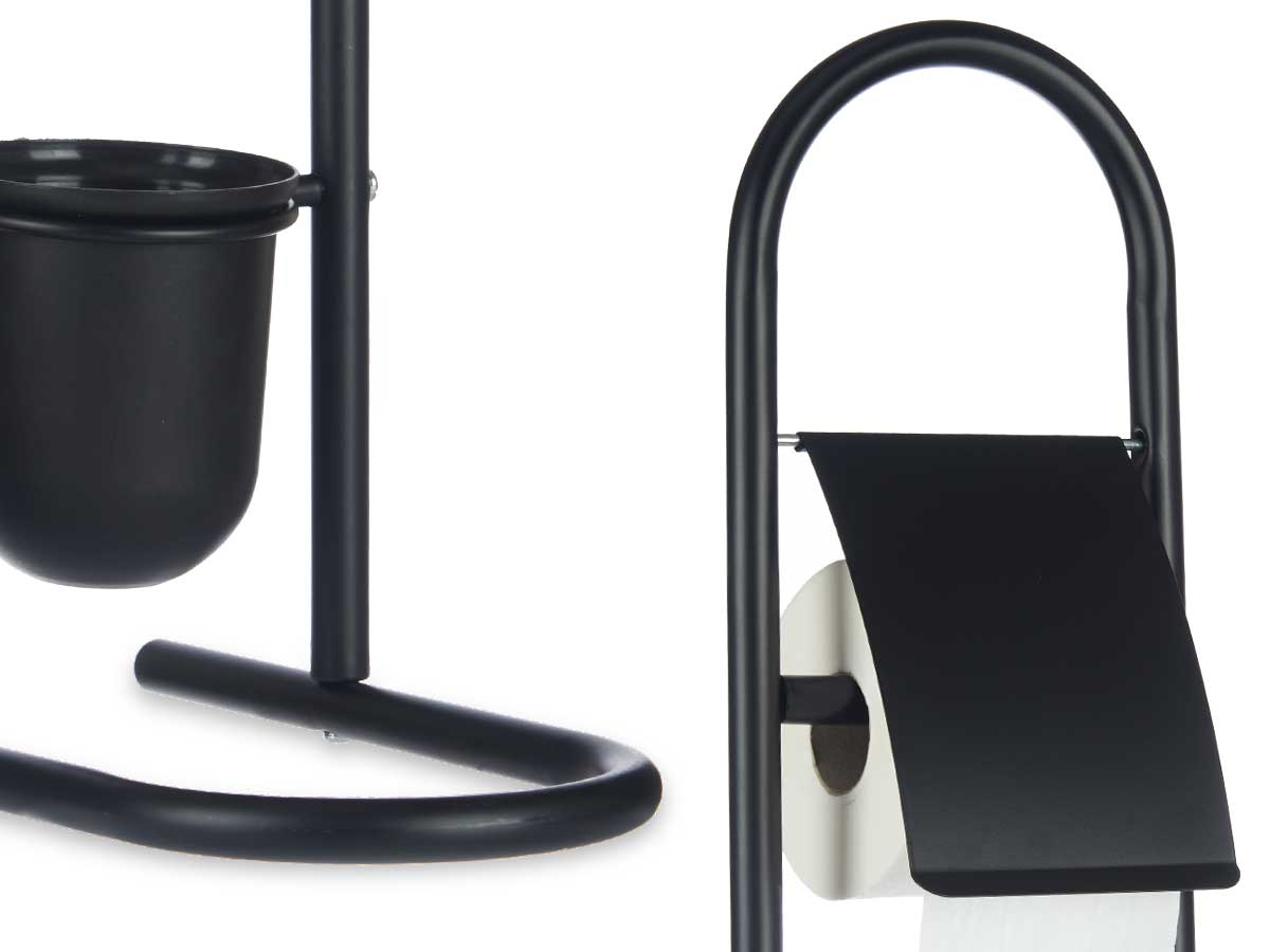 Piantana Portarotolo e Portascopino Metallo Verniciato e Bambù Salvaspazio Nero