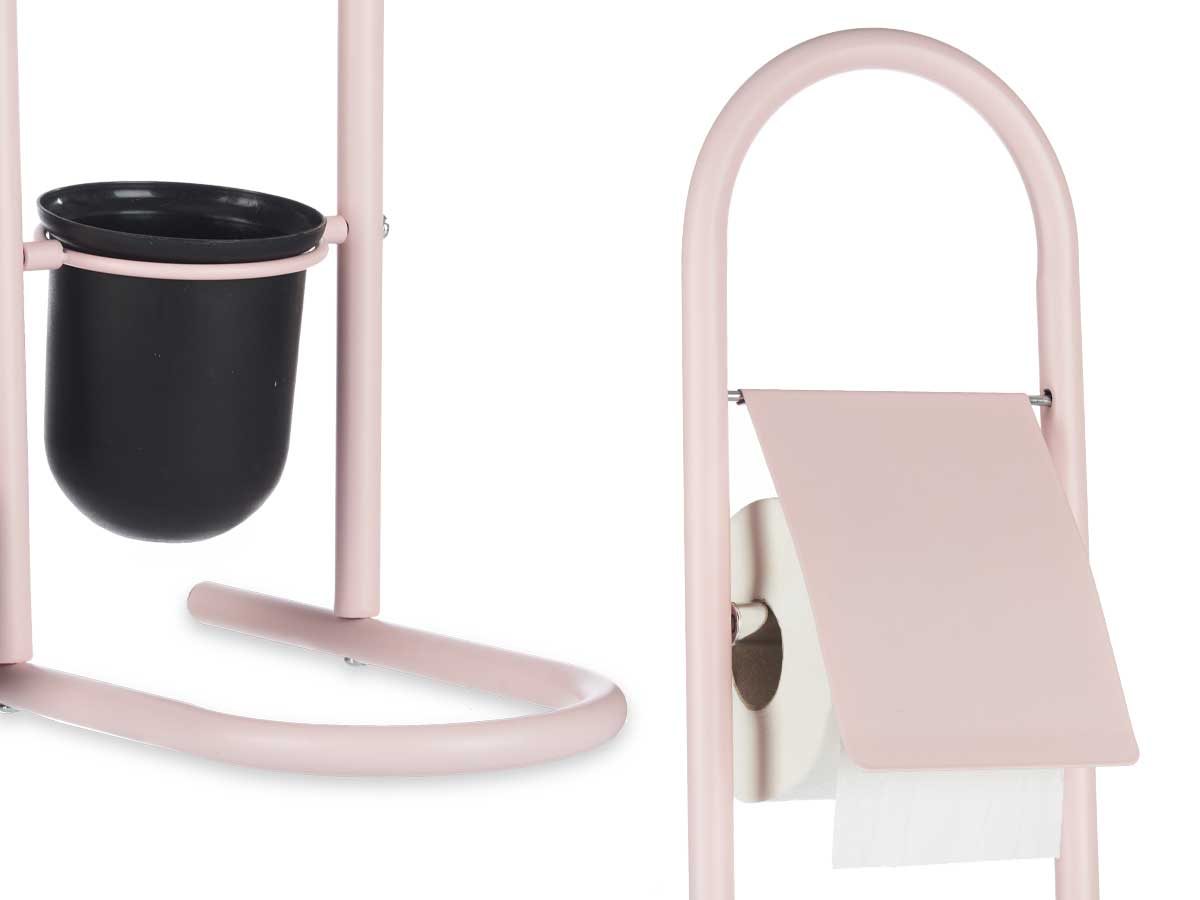 Piantana Portarotolo e Portascopino Metallo Verniciato e Bambù Salvaspazio Rosa