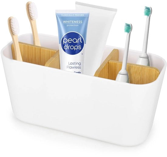 Sostegno per spazzolino da denti in bambù, organizzatore da bagno con 4 contenitori per spazzolini da denti + 1 contenitore per pasta da denti, rimovibile