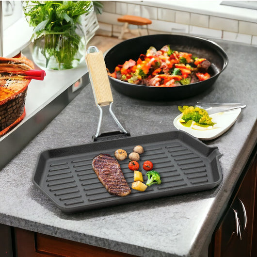 Bistecchiera in Ghisa Manico Pieghevole Antiaderente Tutti i PianiCottura 21x35cm