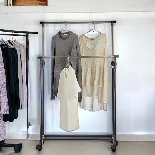 Stand Appendiabiti 2Barre Estendibili Attaccapanni doppio con 4Ruote Salvaspazio