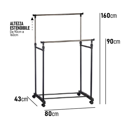 Stand Appendiabiti 2Barre Estendibili Attaccapanni doppio con 4Ruote Salvaspazio