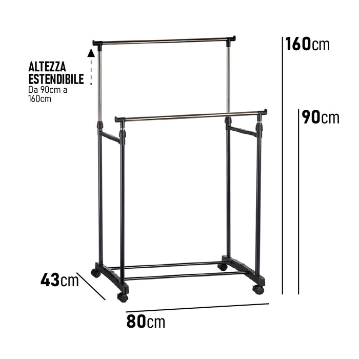 Stand Appendiabiti 2Barre Estendibili Attaccapanni doppio con 4Ruote Salvaspazio