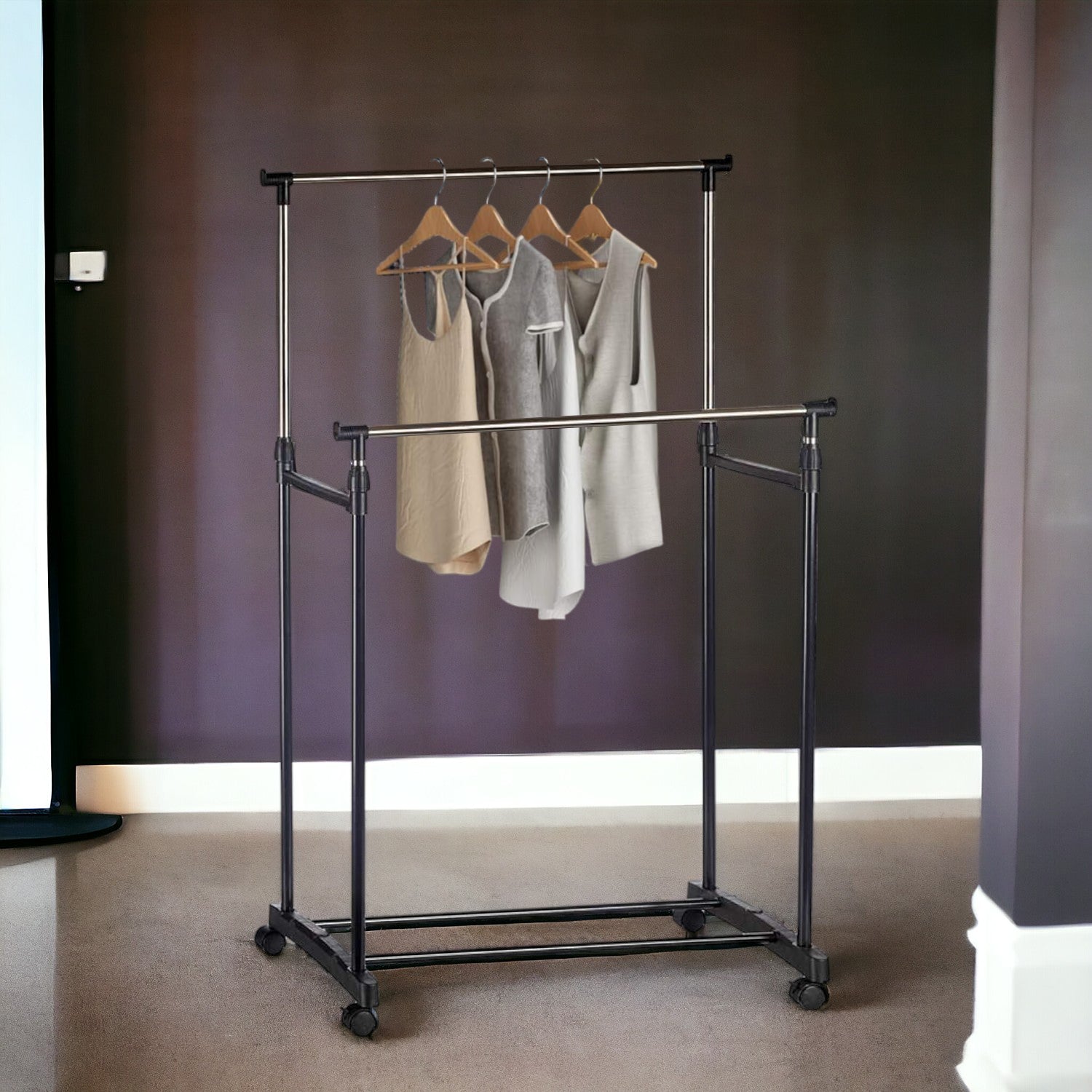 Stand Appendiabiti 2Barre Estendibili Attaccapanni doppio con 4Ruote Salvaspazio