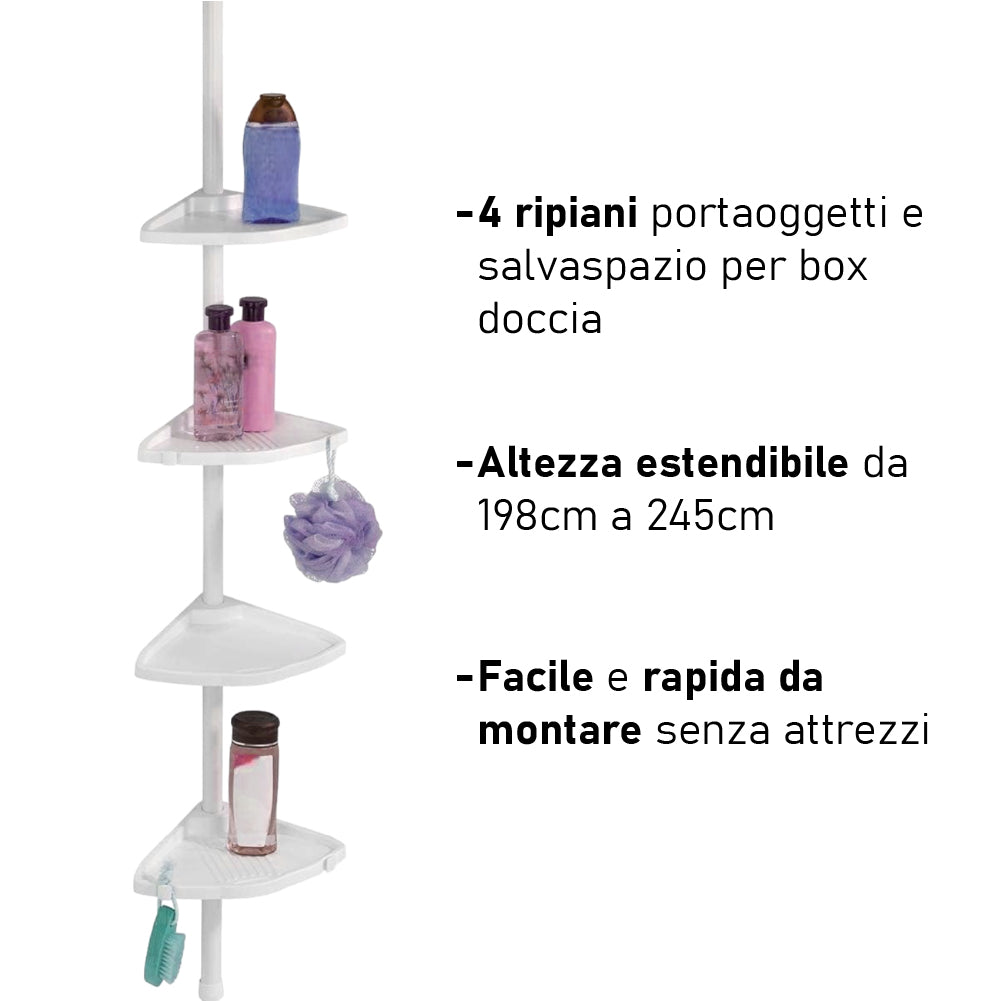 Asta Doccia Telescopica 4Ripiani Altezza regolabile H198-245cm Bianco Salvaspazio