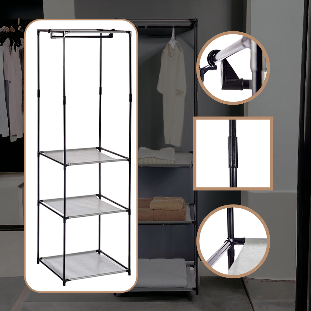 Armadietto Aperto con 3 Mensole  Barra Appendiabiti in Metallo, Salvaspazio